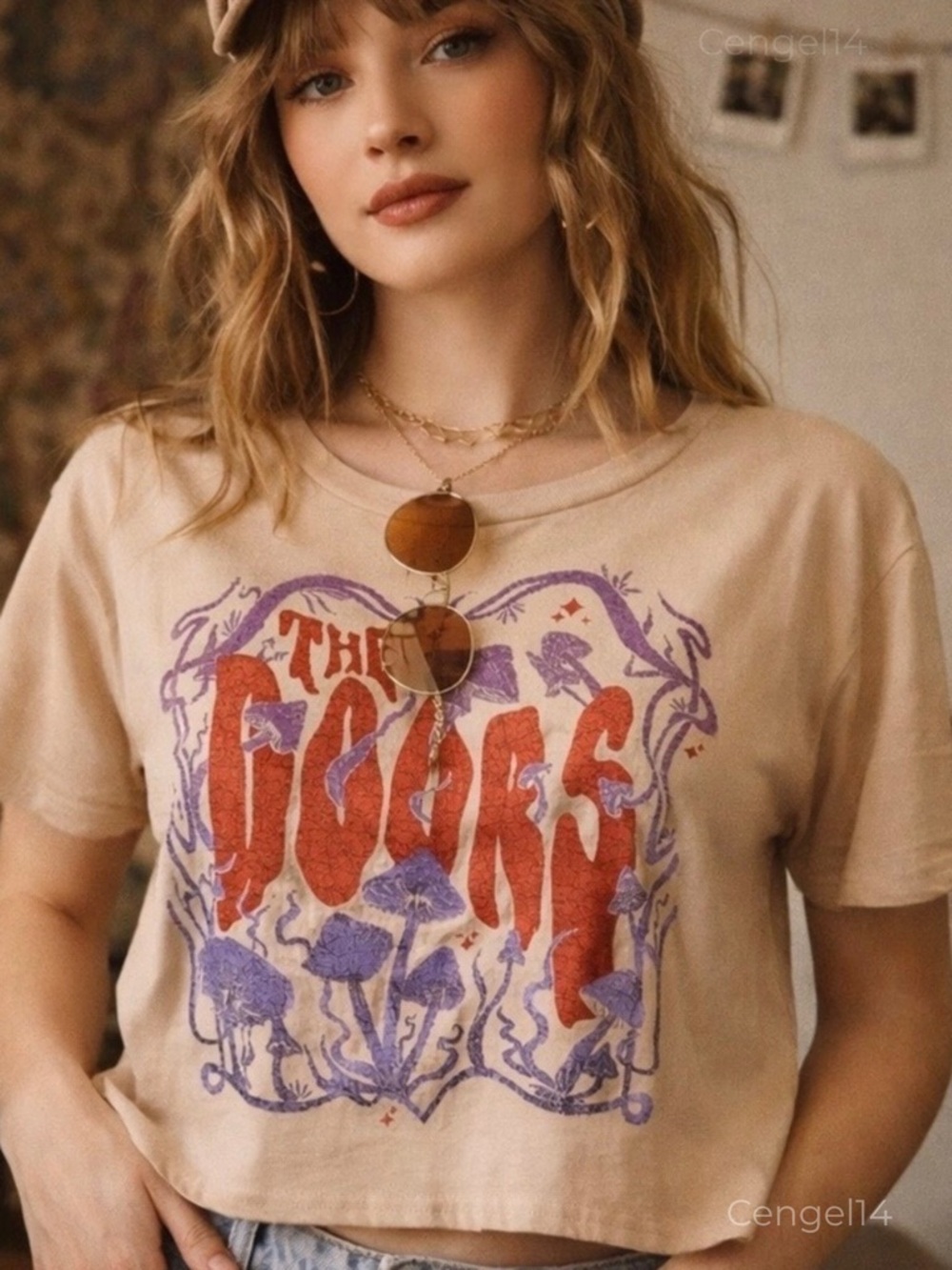 The Doors Mushroom Graphic Cropped Tee Boho Psychedelic Band Tee L NWOT